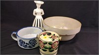 Stoneware bowls and canister, woman in