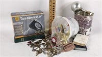 Keys, toastmaster mixer, assorted hardware, bibles