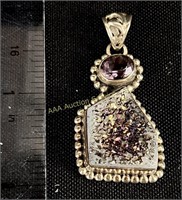 Sterling & treated amethyst pendant. Total