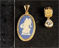 14k gold & white stone pendant, & Wedgwood