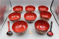 10Pcs. Japanese Lacquer Red Bowls, Figural