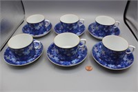 6 Japanese Blue & White Tea Cups, Saucers