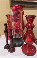 Five Glass Candle Holders and Glass Centerpiece