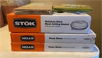 Two STOK Pizza Stone and Grilling Basket, etc.