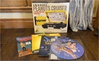 Four Vinyl Records and Crosley Record Player