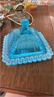 Blue Opalescent Ribbon Candy Dish