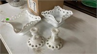 White Glass Baskets & Candle Holder