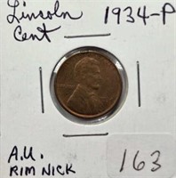 1934P Lincoln Cent AU Rim Nick