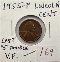 1955P Lincoln Cent VF Last 5 Double