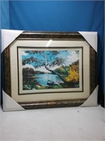 Framed decorator print rowboats on lake 16x20 in