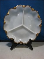 Milk glass round divided dish with gold trim
