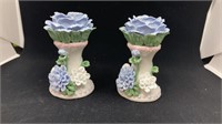 2 Blue Flowered Candle Holders 4" High