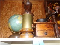 Globe, Coffee Grinder, Pepper Grinder, Wood Shelf