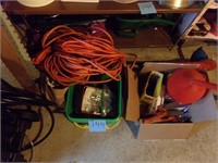 Box of Yard Tools, Extension Cord & More
