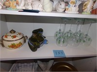 Metal Pot, Glass Frog, 6 Wine Glasses