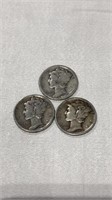 3 Mercury Silver Dimes -1919 P, 1936 P, 1943 P