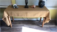 Oak Entry table and tablecloth no contents