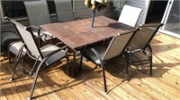 Patio Table, Umbrella, 6 Matching Chairs, 2