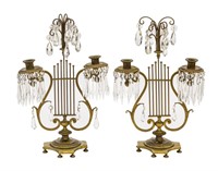 Bronze Lyre French Crystal Candlesticks