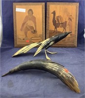 Pair Of Simple Inlaid Pictures + Horn Birds
