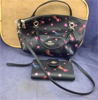 Black Leather Coach Purse & Wallet With Pink Stars