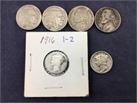 6 Old Coins:  Two Mercury Dimes- 1916 & 1945, 2