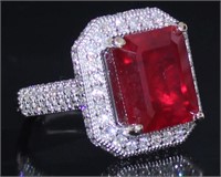 18k Gold 11.13 ct Emerald Cut Ruby & Diamond Ring