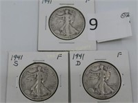 3 Walking Liberty Half Dollars, 1941-P, 1941-D