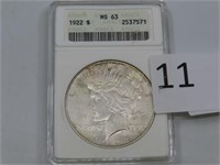 1922 Silver Peace Dollar, Graded MS-63