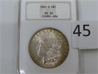 1881-O Morgan Silver Dollar, Graded MS-62