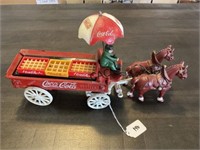 Vintage Coca Cola Cast Iron Wagon w/ Horses