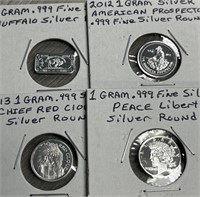 (4) 1 Gram .999 Fine Silver Rounds & Bar