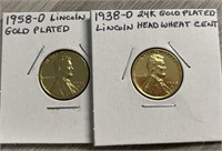 (2) 24K Gold Plated Lincoln Head Wheat Cents