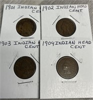 1901, 1902, 1903 & 1904 Indian Head Cents