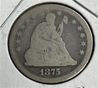 1875 Seated Liberty Silver Quarter Dollar