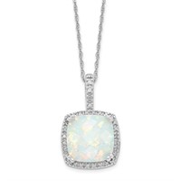 10K White Gold Created Opal and Diamond Necklace