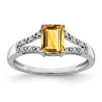 Emerald-Cut Citrine & Diamond Ring 14k White Gold