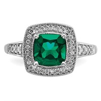 14k White Gold Cushion Emerald & Diamond Ring