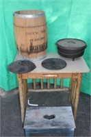 Desk, Sm. Wooden Keg, Cast Iron Dutch Oven & Stool