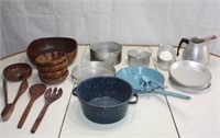 Tin Cookware & Wooden Bowl & Spoon & Fork