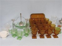 DEPRESSION GLASS, AMBER WATER GOBLETS, ETC.: