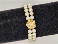 Double Strand Pearl, 14kt Gold & Diamond Bracelet