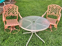 PATIO TABLE & 2 ROCKING CHAIRS