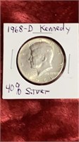 1968D Kennedy Half Dollar 40% Silver Coin