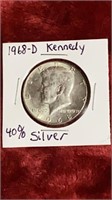 1968D Kennedy Half Dollar 40% Silver Coin