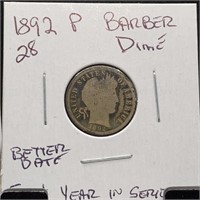 1892 BARBER SILVER DIME BETTER DATE