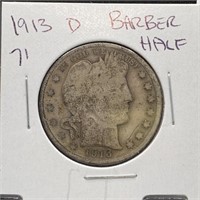 1913-D BARBER SILVER HALF DOLLAR