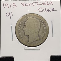 1913 VENEZUELA SILVER 2 BOLIVARES