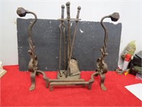 Cast iron Andirons w/fireplace tools. Antique.