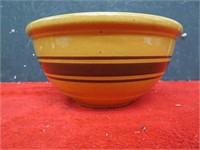 Brown banded yellowware mixing bowl.